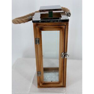 Rustic Wooden & Glass Lantern With Metal Top & Rope Handle 13.75"Tall